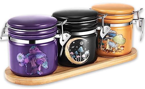 Mushroom Smell Proof Jar Bundle - 3 Pack (250ml -half oz), Pottery Smell Proof Container with Bamboo Holder Kit, Versatile Airtight Storage Set Cute Mushroom Gift for Connoisseur - Purple Black Yellow