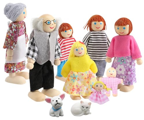 AVCXEC Puppenhaus Familie - 8 Personen Figuren Holz mit Katze und Hund, Biegepuppen mit Beweglichen Gliedern für Puppenhaus Zubehör