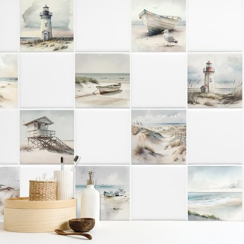 GRAZDesign Fliesenaufkleber Bad & Küche, maritim Leuchtturm Strand Watercolor, Klebefliesen selbstklebend - 20x25cm / 10 Stück