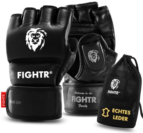 FIGHTR® Pro MMA Echtleder Handschuhe für Grappling Sparring Training, Kickboxen Kampfsport Muay Thai Boxsack Sandsack Pratzen Boxen | für Männer und Frauen inkl. Tragetasche (Black, L)