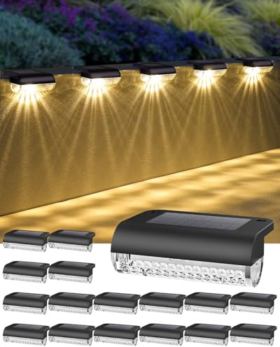 Herzila 16 Pack Solar Deck Step Lights, Solar Step Lights for Outdoor Stairs, 3000K Warm White, Auto Dusk-to-Dawn, Weatherproof, Low Profile, for Fence Deck Railing Patio