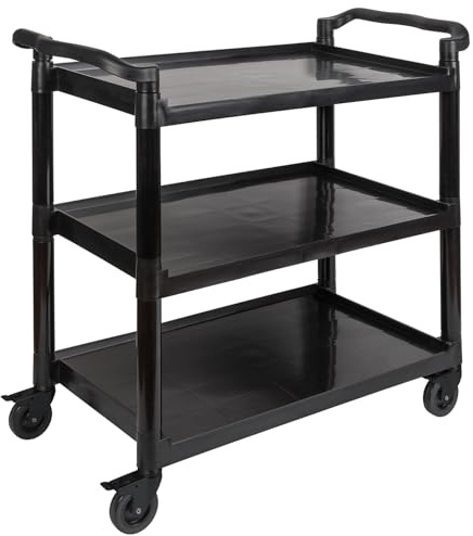 APS 11944 Chariot de Service/Transport en Aluminium Noir, 3 étagères, Distance par étage : 31 cm, 4 roulettes pivotantes avec blocages, capacité de Charge 50 kg par étage, démonté, Montage Facile