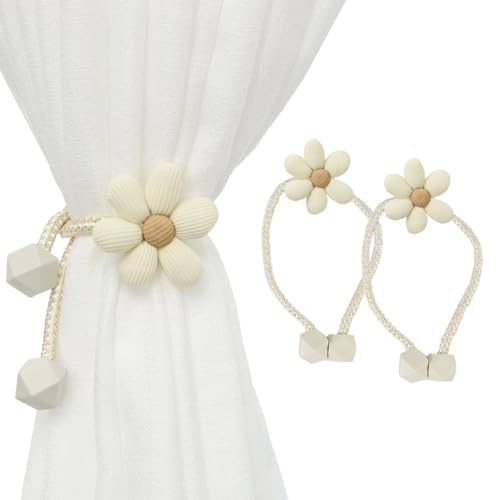 SanKristo Tiranti per Tende 2 Pezzi, Aspirazione Magnetica Senza Punzonatura Lunghezza Regolabile con Decorazioni Floreali, Tiranti per Tende in Corda Tessuta a Mano Accessori Beige
