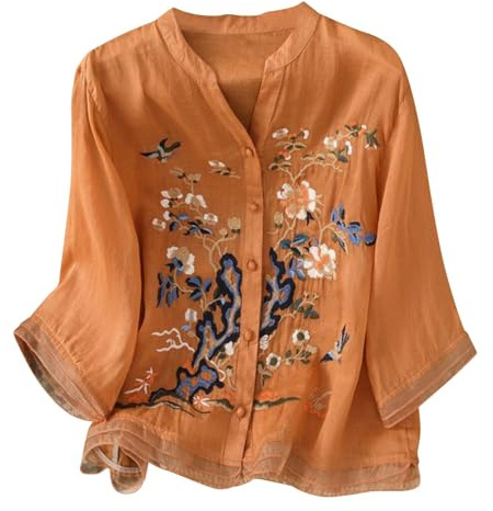 Cocila Chemisiers De Travail pour Femmes Bureau Professionnel Manches Longues Chemisier Brodé en Coton Et Lin Femme Style Bohème 3/4 Tunique Élégante Long Blouse Chic Elegant Haut Ete Chemise
