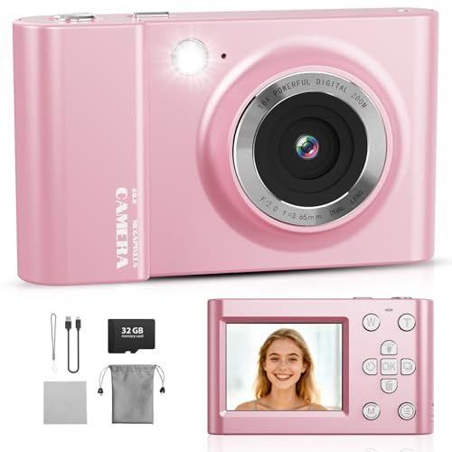 Cámara digital 4K 64MP FHD cámara fotográfica para niños, zoom digital de 18 x cámara compacta con pantalla de 2,4 pulgadas, antivibración, flash LED, tarjeta SD de 32 GB, cámara de fotos para niños