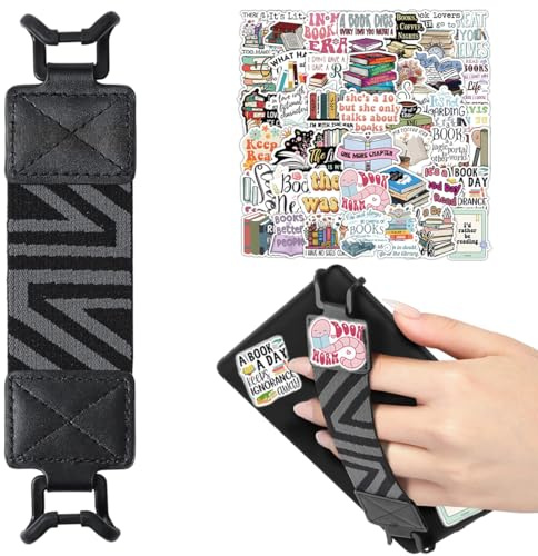KIRZAX Correa de Mano Kindle, para 6-8 Kindle eReaders/Fire Tableta, Halter Elasticó Légero, Soporte de Dedo para Kindle/Kobo/Sony, Negro + 50 Pegatinas de Lectura