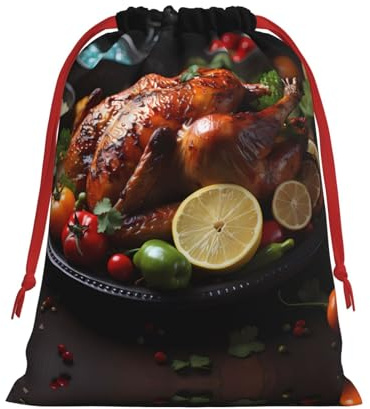 Bolsa de franela con cordón ajustable y estampado de pavo asado, ideal para envolver regalos navideños o para cumpleaños.