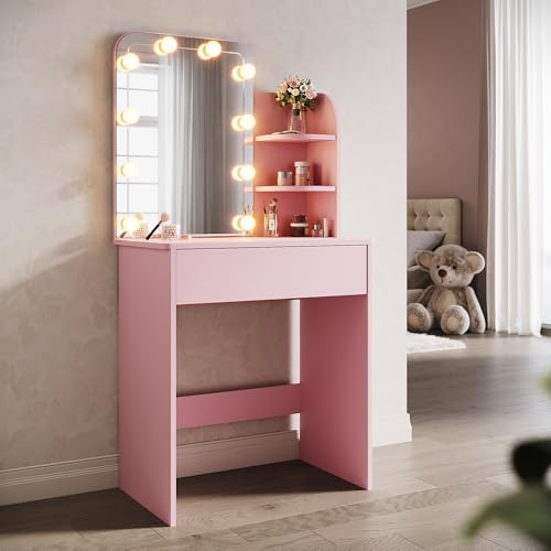 SONNI Sminkbord, 70 x 40 x 140 cm, toalettbord, sminkbord med spegel, LED-belysning Hollywood, lådor, 3 öppna fack, 3 ljuslägen, 10 ljusstyrkenivåer, sovrum, rosa.