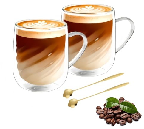 Latte macchiato-glas dubbelväggiga 350 ml, set om 2 med 2 skedar, dubbelväggiga kaffeglas teglas med handtag och skedar, espressokoppar, cappuccinoglas, iskaffe, teglas, termoglas
