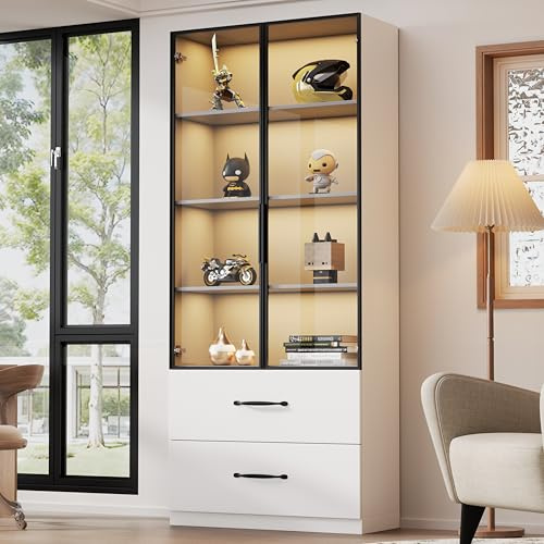 BTM Vitrine und Bücherregal mit Glastüren, Hochschrank Glasvitrine Stehend Vitrinenschrank mit LED Beleuchtung, Schubladen, Weiß