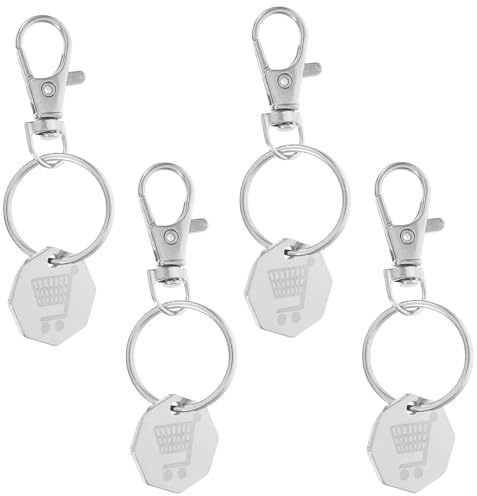 POPETPOP 4pcs Stainless Steel Trolley Coin Keychain Set with Mini Key Rings for Grocery Shopping Cart Token Holder Quarter Key Ring Compatible with Shopping Carts