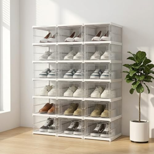 HOMICKER Schuhboxen Stapelbar, 18 Ebenen, Transparent, Faltbar, Dickem Kunststoff, für Sneaker bis Größe 46, Platzsparend, 1-Min Montage, Weiß