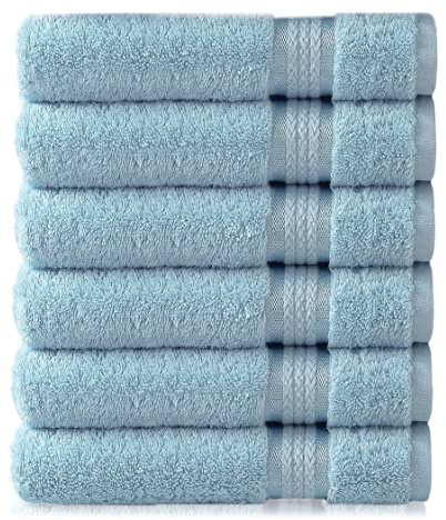 Cotton Craft - 6 Pack - Ultra Soft Extra Large Hand Towels 16x28 Light Blue - 100% Pure Ringspun Cotton - Luxurious Rayon trim - Ideal for Daily Use - Each Towel Weighs 6 Ounces