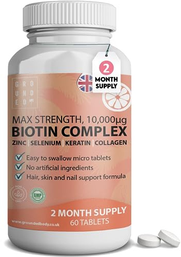 Hair Growth Biotin Complex 10,000mcg with Marine Collagen, Selenium, Keratin & Zinc | x60 Tablets | Hair Growth, Thickness, Strength & Volume | Men & Women Hair Support Supplement