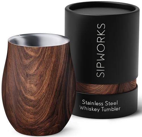 Sipworks Stainless Steel Whiskey Tumbler: Double-Wall Vacuum Insulated Whiskey Nosing Glass, 8-Ounce (Mahogany)
