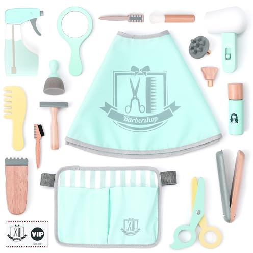 UMU® Kit de Jeu de Coiffeur en Bois pour Enfants avec Sac pour Outils de Coiffure INCL. Cape de Coiffeur, Ciseaux, Lisseur etc., Jeux d'Imitation de Coiffeur, 18 pièces, pour Enfants de 3, 4, 5 Ans