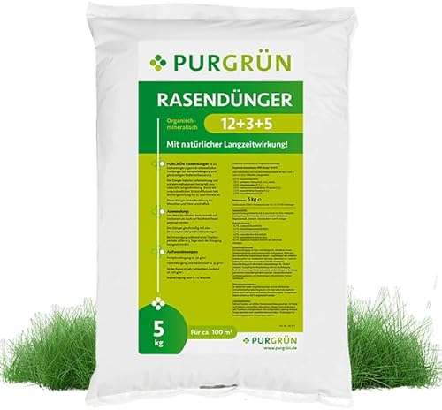 Purgrün® Rasendünger 5 kg – Organisch-mineralische Rezeptur– Mit Horngrieß zur Bodenverbesserung – Staubarmes Granulat – NPK 12+3+5 – Für gesunden & kräftigen Rasen – Sofort- und Langzeitwirkung