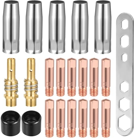 22 Stück Verschleißteile Set, Schutzgasschweißgerät Zubehör, mit 12 Stromdüse M6 0,8mm 5 x Gasdüsen, 2 x Düsenstiel, 2 x Isolatoren, 1 x Schraubenschlüssel passend AK-15/MB-15 MIG
