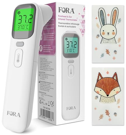 FORA Fieberthermometer Baby & Digital - Multi-Funktionsthermometer für Ohr und Stirn mit Farbcode-Fieberanzeige, Lautlosmodus, Speicherfunktion – Hygienisch & Kompakt für junge Mütter