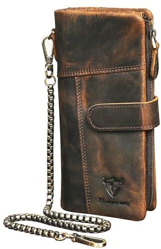Handadsume Genuine Crazy Horse Leather Travel Gift Coin Pocket Card Case Long Organizer Chain Rfid Wallet Purse With Snap For Men Male 1803 1815 (1803B-Brown)