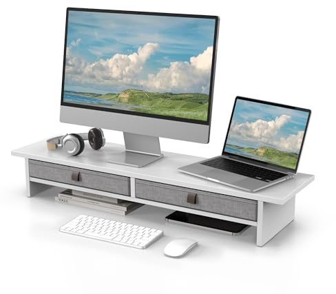 Fenge Monitor Stand Riser with Drawers Wood 2-Tiers Computer Monitor Stnads for PC Laptop Printer TV 90x23.5x14.2cm Max Load 25KG (White)