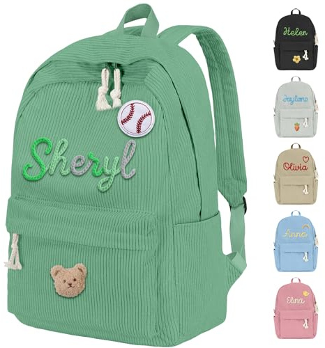 WolunLi - Mochila personalizada para niñas y niños, mochila de pana con nombre y lindo icono escolar para niños, Verde