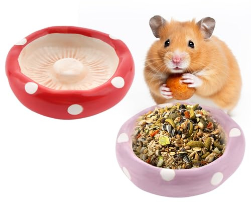 2 Pack Hamster Ceramic Food Bowl Mushroom Shaped Water Bow for Hamster Rat Gerbil Guinea Pig Hedgehog Small Animal (Red and Purple)