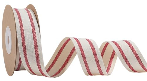 GORGECRAFT Ruban à Rayures en Coton 10 m X 25mm Tissu Naturel Rouge et Blanc Double Face pour Emballage Cadeau Décoration Florale Bordure Gros Grain pour Travaux Manuels Couture Noël Anniversaire