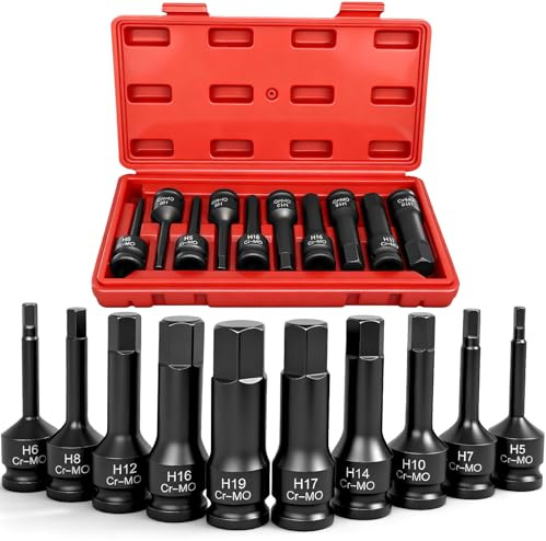 AFEPHE 10-tlg Innensechskantschlüssel Set 1/2，1/2 Drive HEX Kraft Innensechskant Schlagschrauber Nüsse，5-19mm Inbus Nüsse Sechskant Bit Stecknuss Set für Innensechskantschrauben