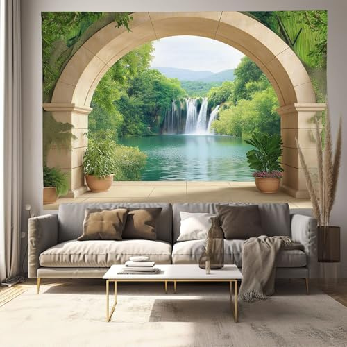 MULERN Tapiz de Paisaje, 3D Arco Tema Bosque Cascada Telón de Fondo, Fotografía Fiesta Tapiz Mural, Tapices para Sala Dormitorio Decoración de la Pared 230x150cm, Verde