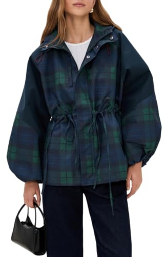 HALO RAIN Women's Plaid Raincoat Casual Showerproof Rain Jacket Windbreaker with Hood Outdoor, Navy, L