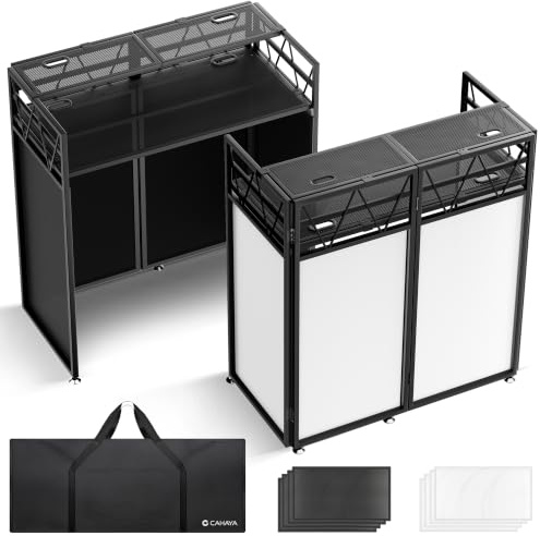 CAHAYA DJ Booth Ständer med Dubbelhylla – Vikbar DJ-bord med Lagerhylla för Laptop & Controller, Höjdjusterbar, Svart/Vit Scrims, Bärväska, Kabelöppningar, 104×50 cm
