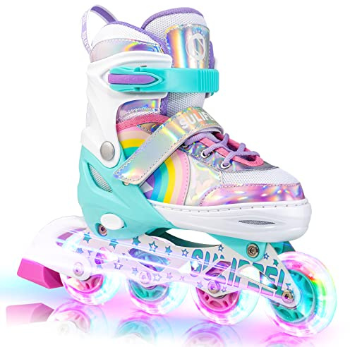 SULIFEEL Rainbow Unicorn Adjustable Inline Skates for Girls Boys and Kids with All Illuminating PU Wheels for Outdoor and Indoor Beginner Skates Medium