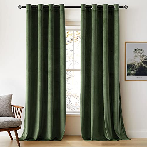 Woaboy Rideaux Occultant Thermique Salon Rideaux et Draperies Chambre Double Velours Panneaux de Rideau Intérieurs Isolant Anti Chaleur/Froid à Oeillets Extensible Lot de 2, 140x280cm Vert Olive