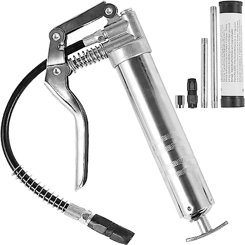VEVOR Pistol Grip Grease Gun, 3500 PSI, 4 OZ / 120 CC Capacity Heavy Duty Professional Grease Gun, with 11.65 Inch Flexible Hose 2 Black Flat Couplers, 1 Reinforced Nozzle, and 2 Rigid Metal Pipes