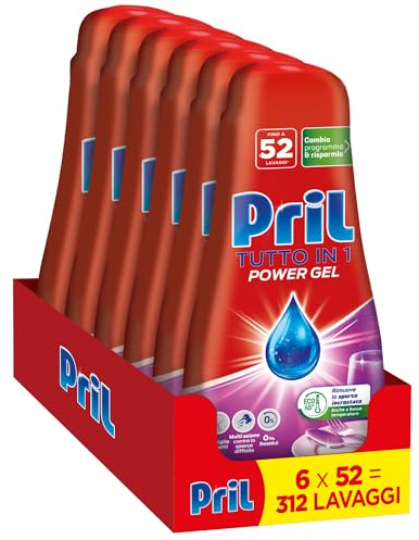Pril Gel All In One Limone e Lime, Detersivo Lavastoviglie Liquido Multi-Azione Sporco Difficile, 6 Confezioni da 52 Lavaggi, 312 Lavaggi