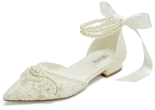 Winflag Pearl Wedding Shoes for Bride Flat Lace Bride Shoes Pointed Toe Bridal Flats-Ivory 1-8.5