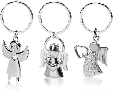 SwirlColor Guardian Angel Keyring 3pcs, Sturdy Angel Pendant Keychain Silver Metal Keyrings for Women Men Friends Car Drivers
