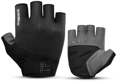 INBIKE Cycling Gloves for Men Women, Shock-Absorbing Memory Gel Padded Road Bike Gloves, Bicycle Breathable Half Finger Touchscreen Reflective Biking Gloves Black X-Large