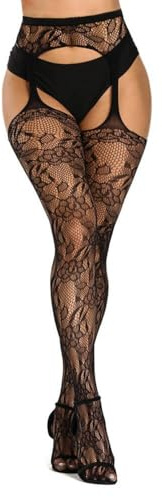 Buitifo Calcetines de red de pesca ajustados con patrón de calcetines de tirantes de cintura alta para mujeres(Negro Zh,M)