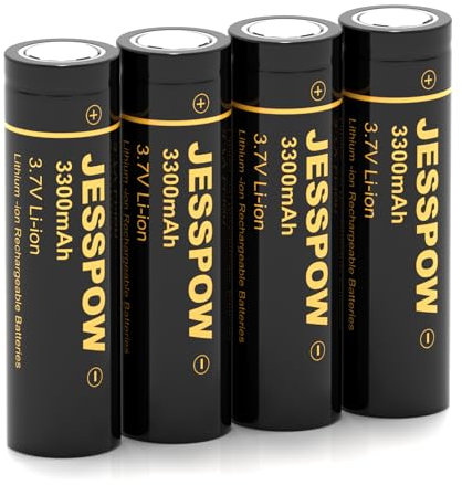 3.7 Volt Pilas Recargables, Alta Capacidad 3300mAh 3.7V Recargable Batería Adecuado para Linternas, Cámaras, Ventiladores Pequeños y Luces de jardín al Aire Libre (18650 Top Plana，4Pcs)