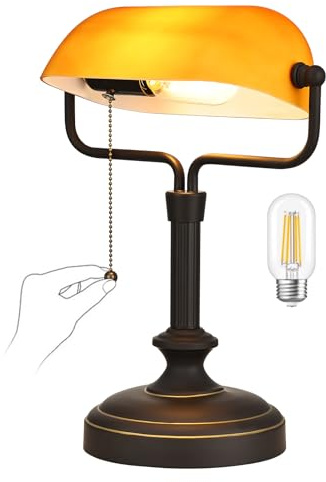 LOFOB Lámpara de Escritorio para Banqueros, Pantalla de Cristal, Estilo Vintage con Interruptor de Cadena, Cable Eléctrico, Bombilla LED Incluida (Negro antiguo+naranja)