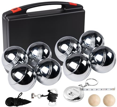 Lindahandel Boule Set mit Boccia Kugeln & Gravur – Personalisierte Petanque Metallkugeln (73mm/720g) mit Abstandsmesser, Magnet & Tragetasche für Garten, Strand, Park (Muster E + 8 Bälle)