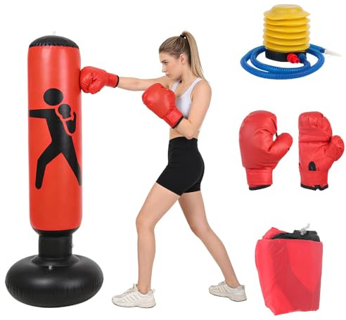 DAJASD Sac de frappe pour enfants, 160 cm Sac de frappe gonflable debout pour enfants, sac de frappe gonflable avec gants de boxe, sac de frappe debout pour s'entraîner à la boxe pour 4-8 ans