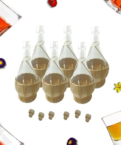 Buyglass Set di 6 Bottiglie di Vetro litri 1 con Rivestimento in Paglia, Bottiglia Decorativa per Vino e Liquori, con Tappi