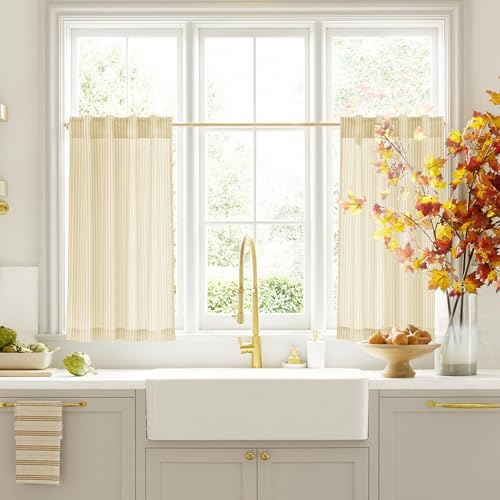 PONY DANCE Yellow Linen Striped Kitchen Curtains W 26 x L 24 Inch,Back Tab & Rod Pocket Cafe Drapes, Light Filtering Short Curtain 2 Panels for Bathroom, Cupboard Base, Sink, Basement, Half Window