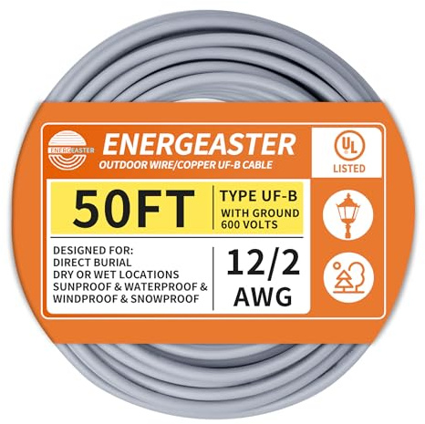 12/2 UF-B Wire 50 FT Pure Copper Direct Burial Cable, Sunlight & Moisture Resistant, Ideal for Outdoor Lighting & Pump Installations & Residential Indoor Electrical Projects