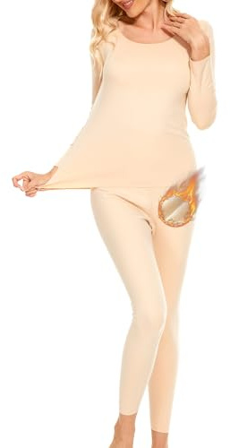 Prontiaduscire Conjunto Térmico para Mujer - Ropa Interior Elastano- Transpirable Manga Larga Camiseta Termica y Pantalon - 160R4 Beis 2XL