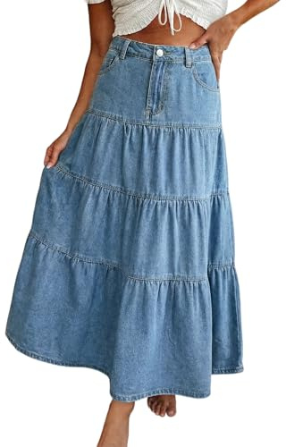 EMMIOL Denim Maxi Skirt for Women - Mid High Waisted A-Line Long Jean Skirts Dark Wash Tiered Swing Jean Skirt with Pockets, Light Blue, Medium