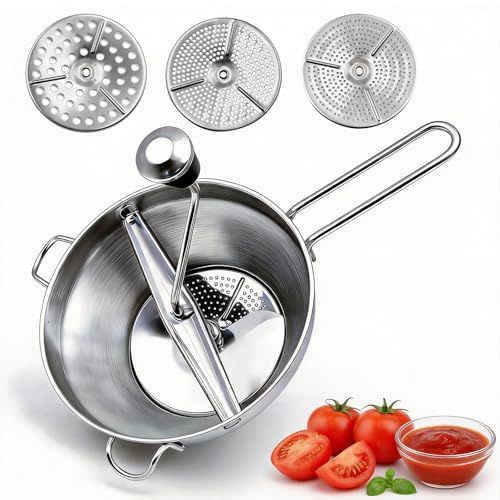 Jegxemt Stainless Steel Food Mill, Rotary Food Mill with 3 Interchangeable Discs for Tomato Sauce, Mashed Potatoes, Baby Food, Jams | Ergonomic Handle, Easy to Clean & Assemble